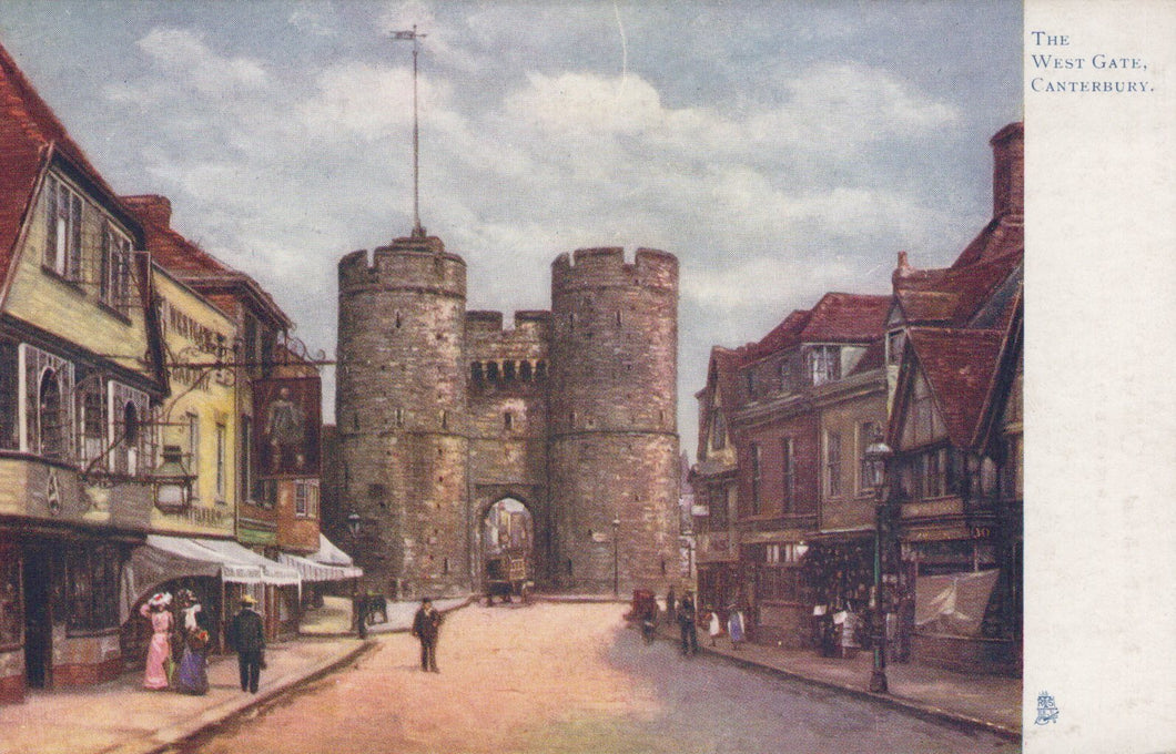 Vintage illustration of a city street with a large stone gate and buildings.