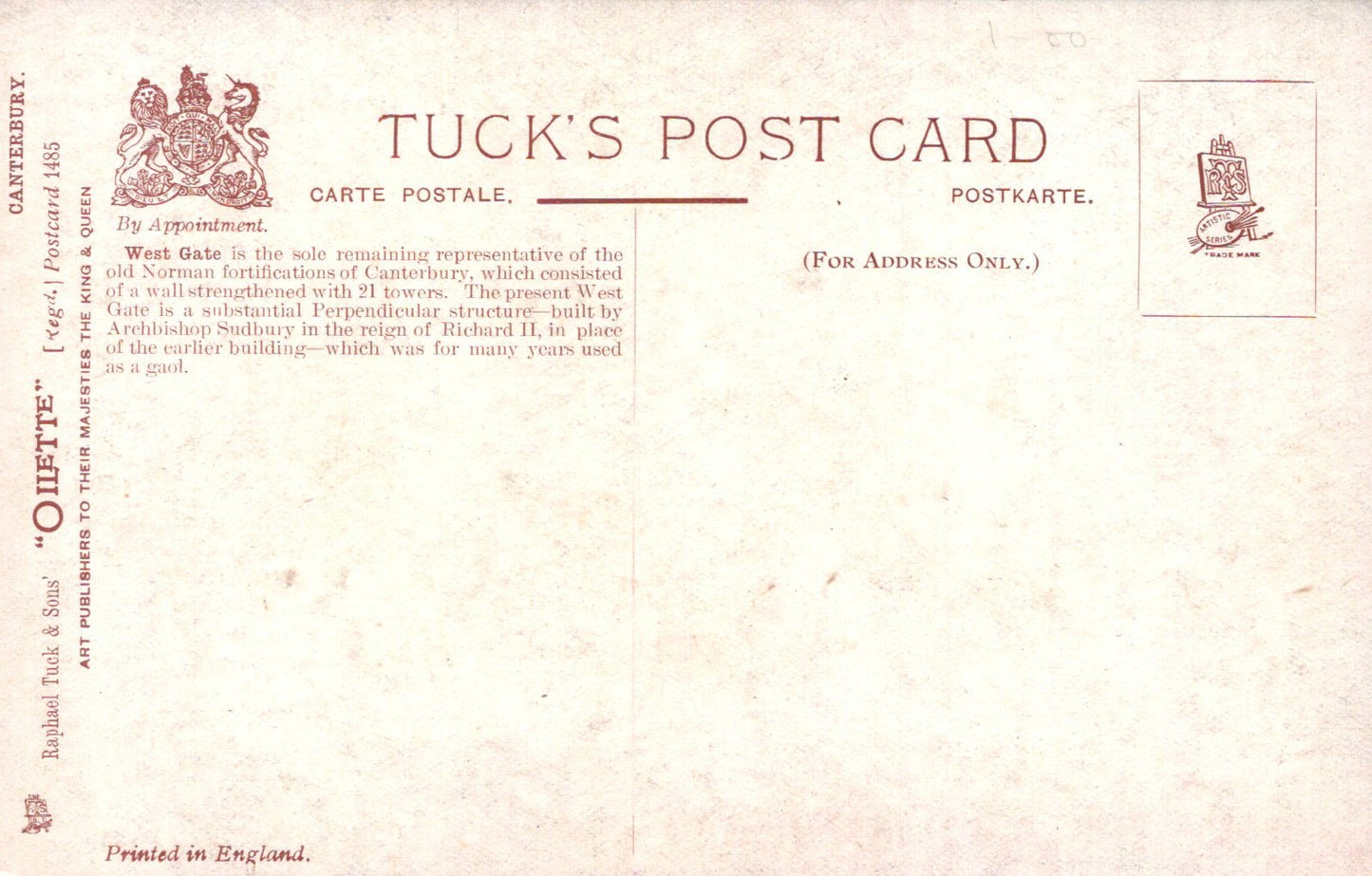 Vintage Tuck's postcard with text and stamps on a light brown background