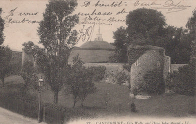 Vintage postcard of Canterbury city walls and Dug John Monument with handwritten text.