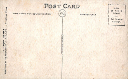 Vintage postcard with typewritten text and airmail stamp placeholder