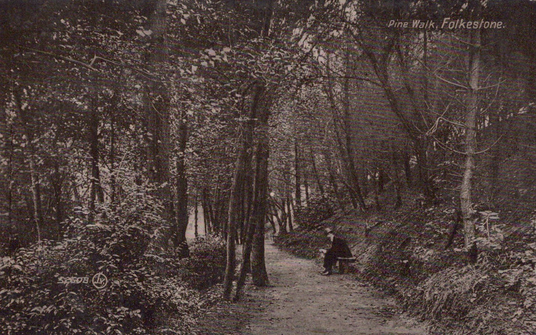 Vintage black and white photograph of a person sitting on a bench in a forested area with 'Pine Walk, Folkestone' text.