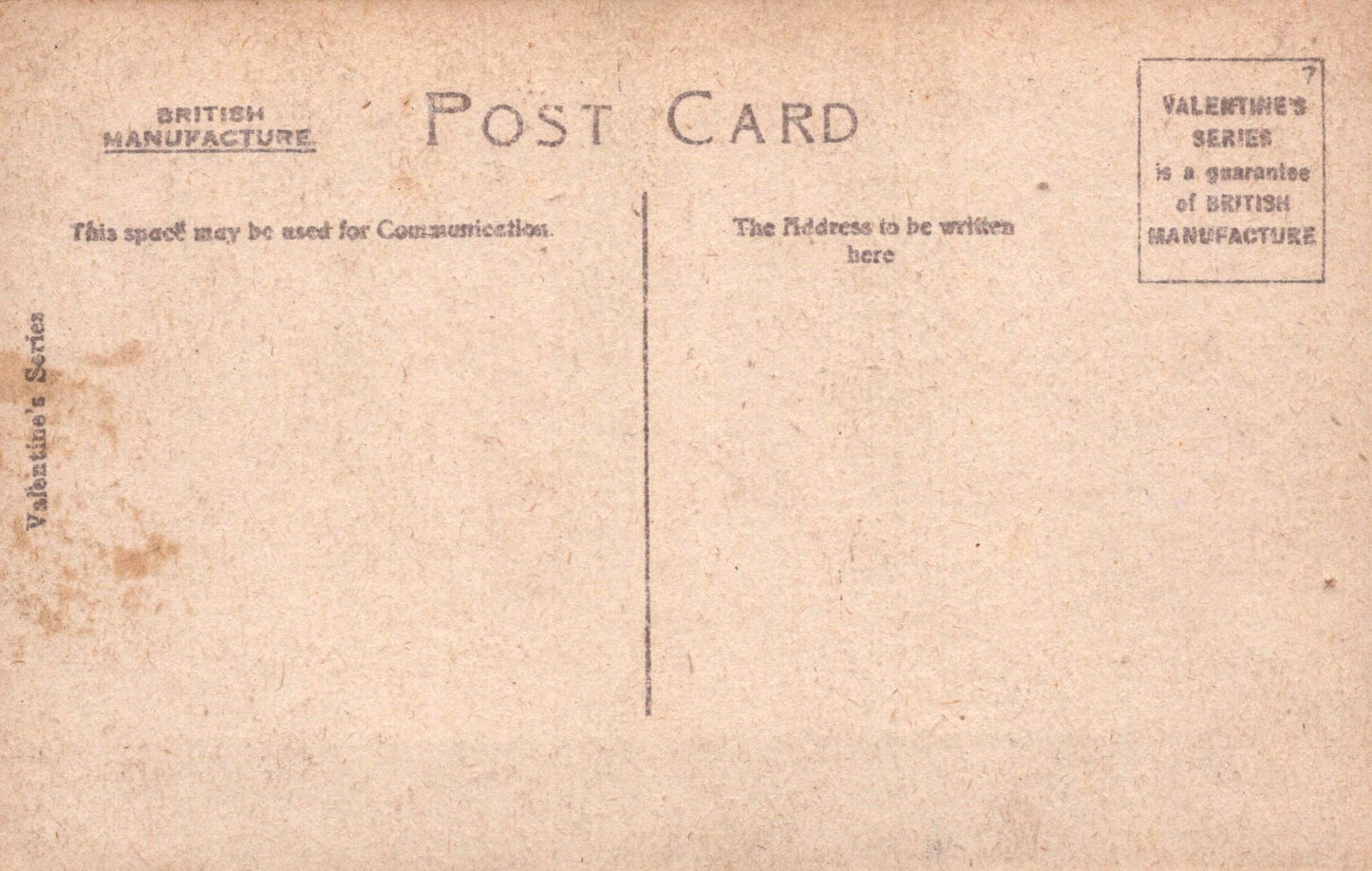 Back of a vintage postcard with text and 'British Manufacture' label.