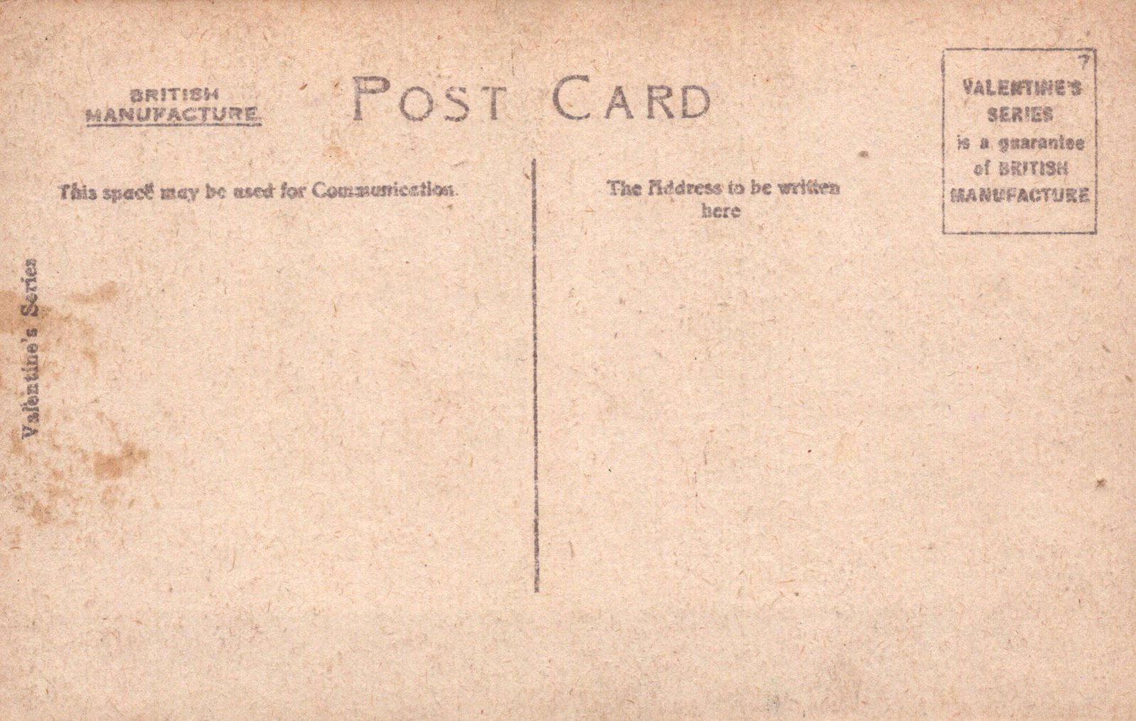 Back of a vintage postcard with text and 'British Manufacture' label.