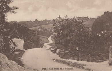 Vintage black and white photograph of a rural landscape with a path and trees.