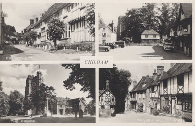 Collage of black and white photos showing various scenes of Chilham, including a church and village houses.