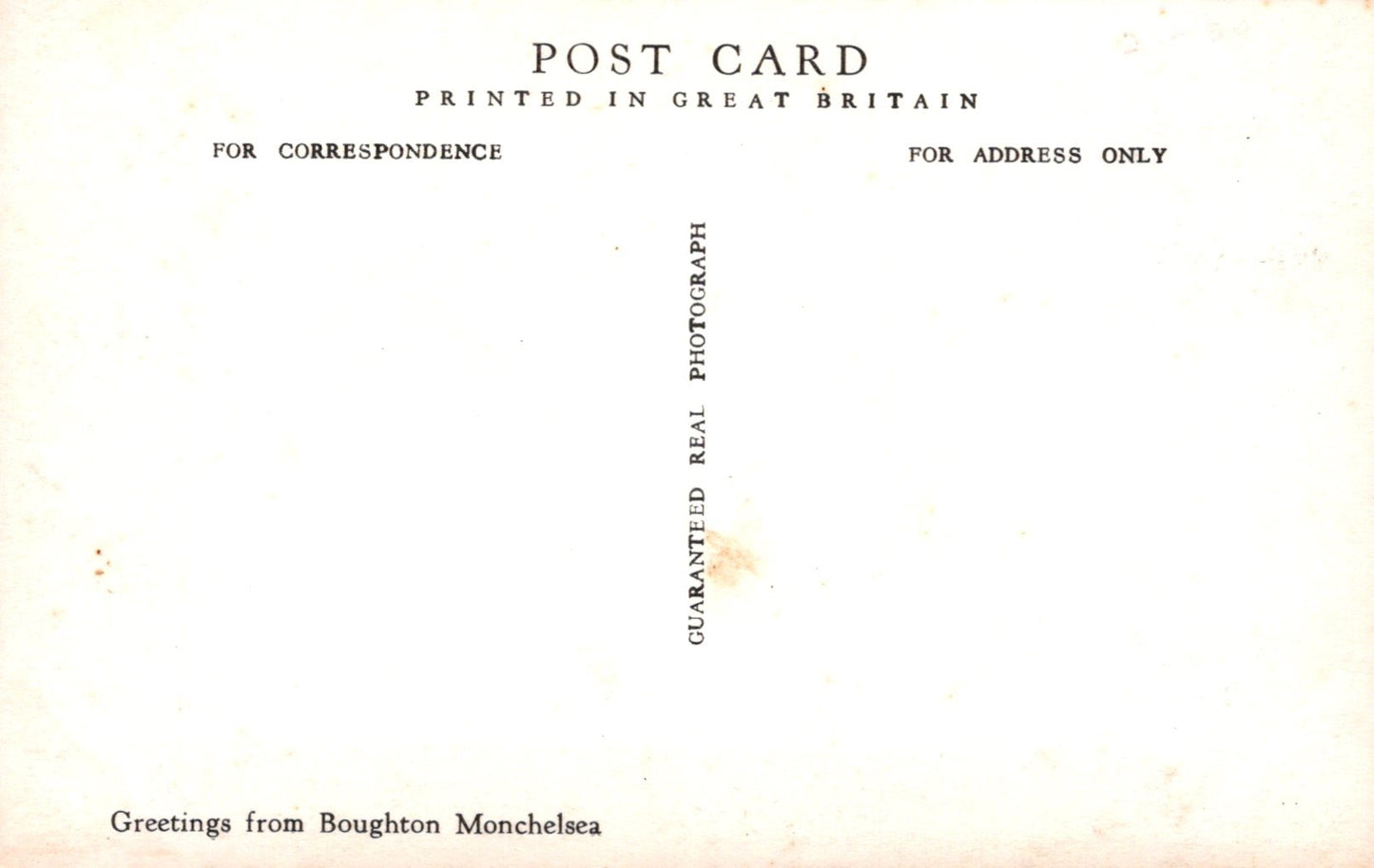 Vintage postcard with text about printing in Great Britain and a small sun graphic.
