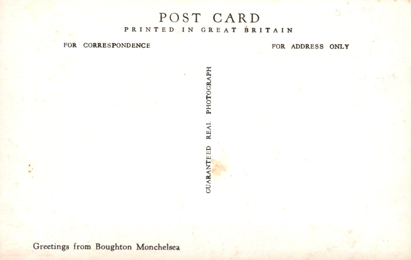 Vintage postcard with text about printing in Great Britain and a small sun graphic.
