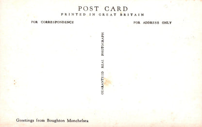 Vintage postcard with text about printing in Great Britain and a small sun graphic.