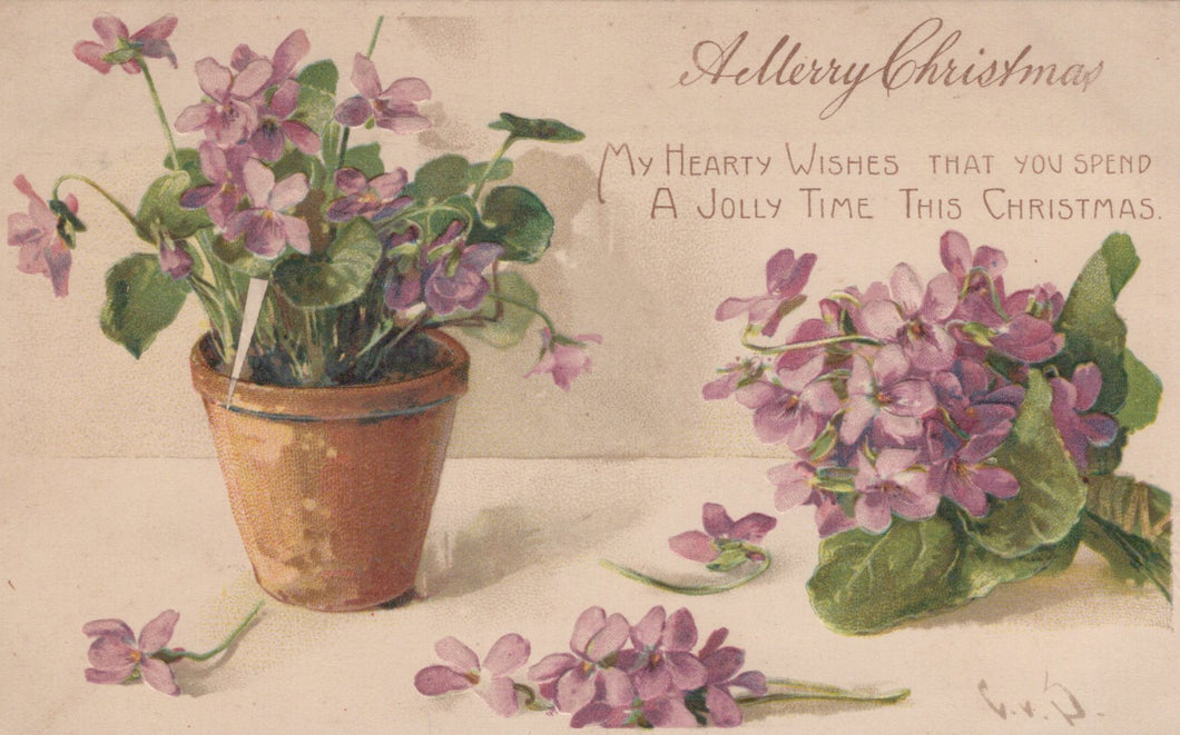 Vintage Christmas card with violets, pot, and text on a beige background