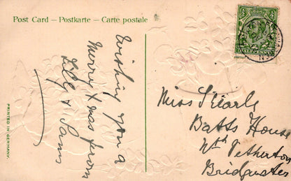 Vintage postcard with handwritten text and a stamp on a textured background