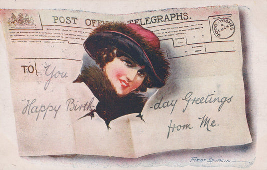 Vintage birthday card with a woman's portrait and text on an old newspaper background