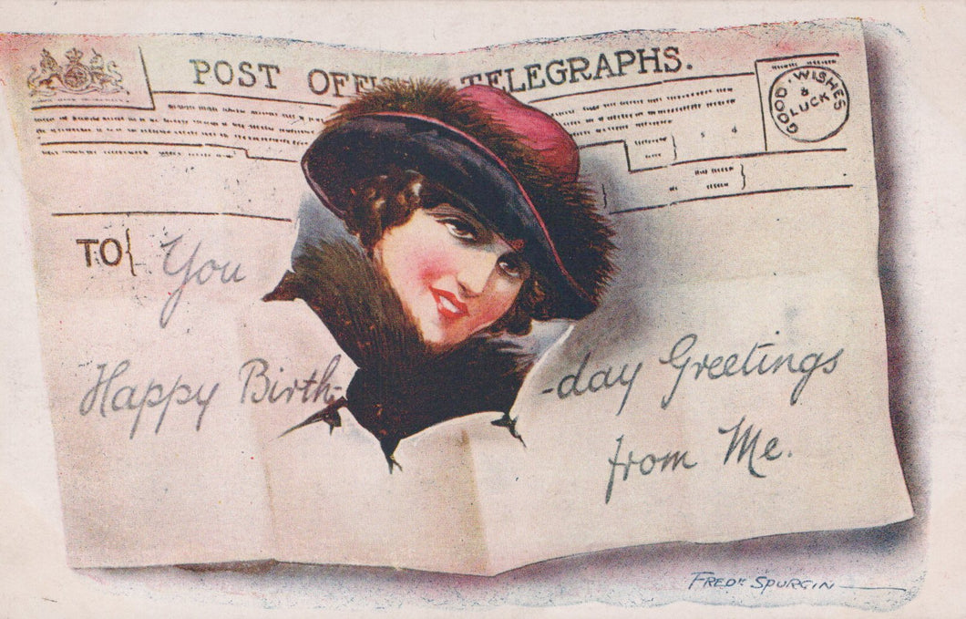 Vintage birthday card with a woman's portrait and text on an old newspaper background