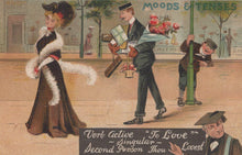 Load image into Gallery viewer, Vintage-style illustration of a woman and man in an urban setting with text about verb conjugation.
