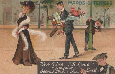 Vintage-style illustration of a woman and man in an urban setting with text about verb conjugation.
