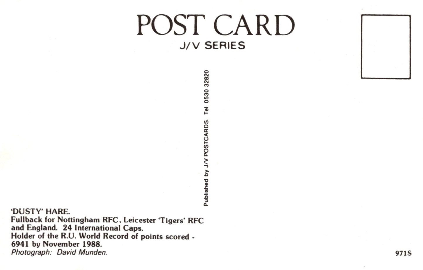 Back of a postcard with text and a rectangular area for a photograph on a white background