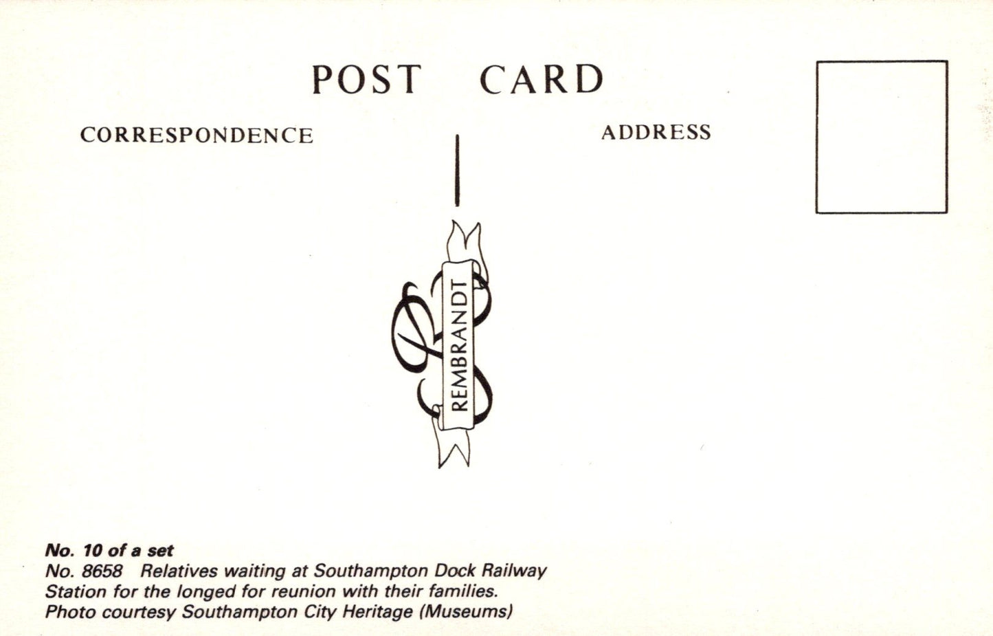 Back of a postcard with Rembrandt's signature and text about Southampton Dock Railway Station.