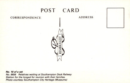 Back of a postcard with Rembrandt's signature and text about Southampton Dock Railway Station.