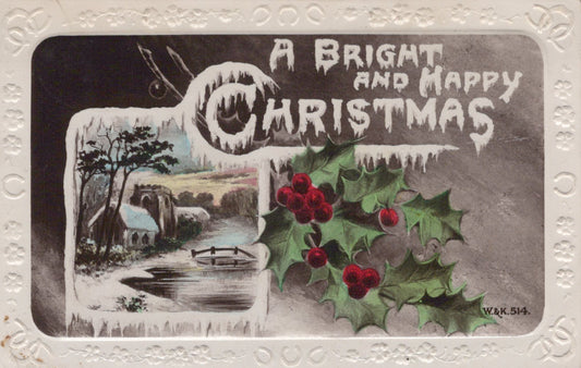 Vintage Christmas card with icy landscape and holly, featuring 'A Bright and Happy Christmas' text.