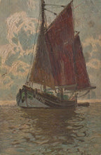 Load image into Gallery viewer, Painting of a sailboat with a red sail on water
