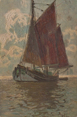 Painting of a sailboat with a red sail on water