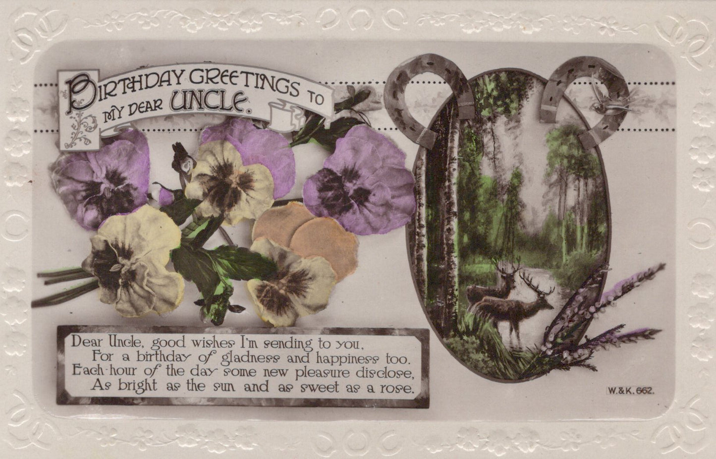 Vintage birthday card for an uncle with floral design and nature scene, featuring text and a deer illustration.