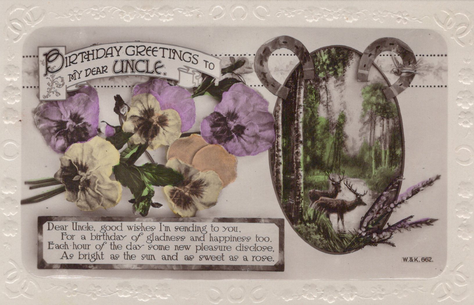 Vintage birthday card for an uncle with floral design and nature scene, featuring text and a deer illustration.