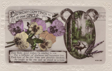 Vintage birthday card for an uncle with floral design and nature scene, featuring text and a deer illustration.