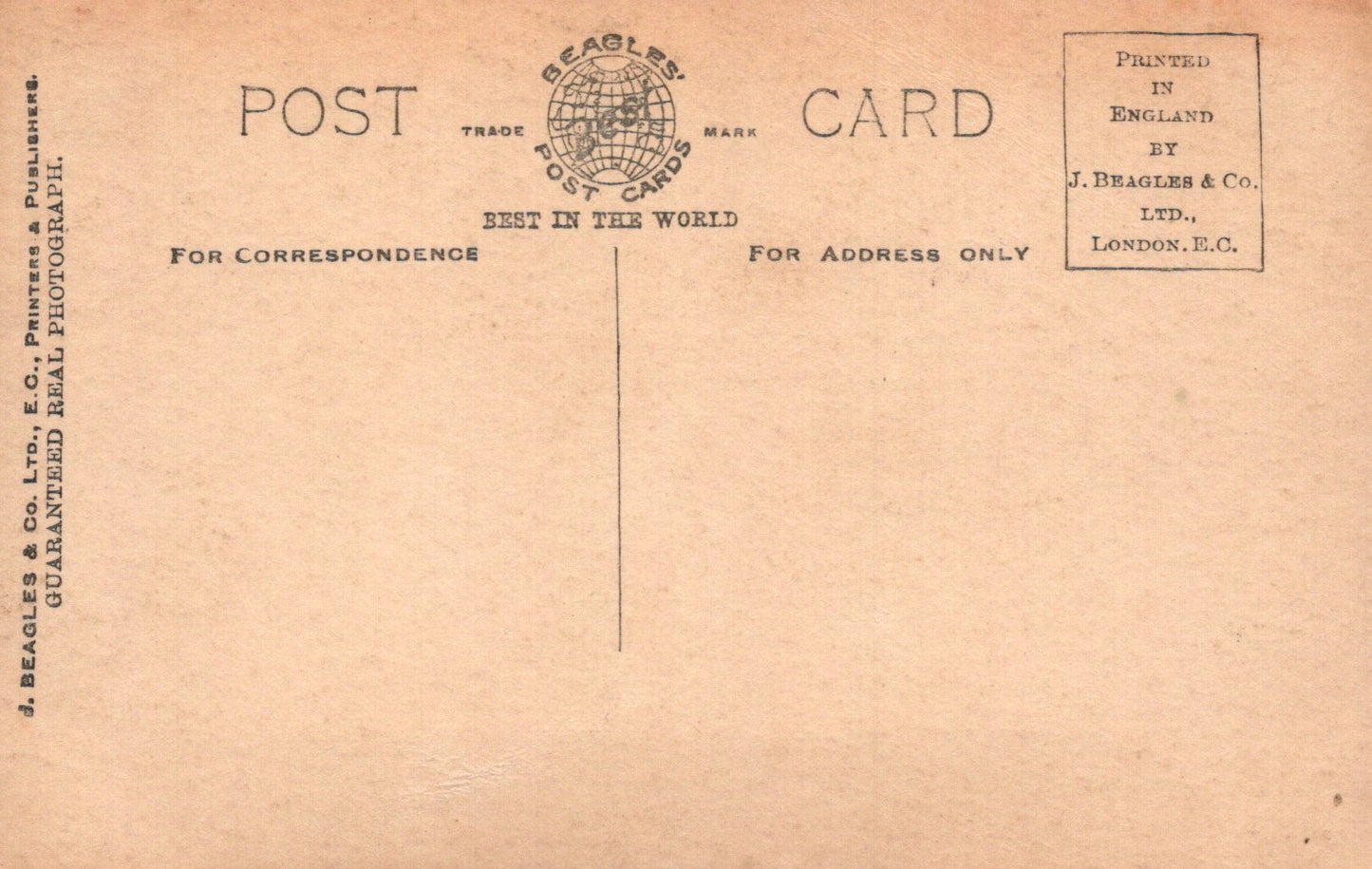 Back of a vintage postcard with branding and text