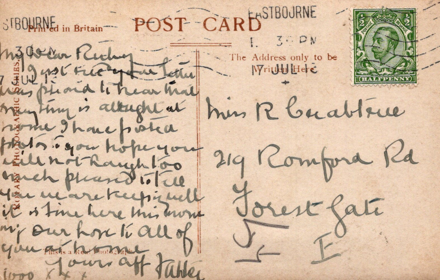 Vintage postcard with handwritten text and a stamp, featuring the brand 'Postcard Post'.