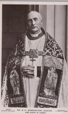 Black and white photograph of a person in religious vestments with decorative front panel.