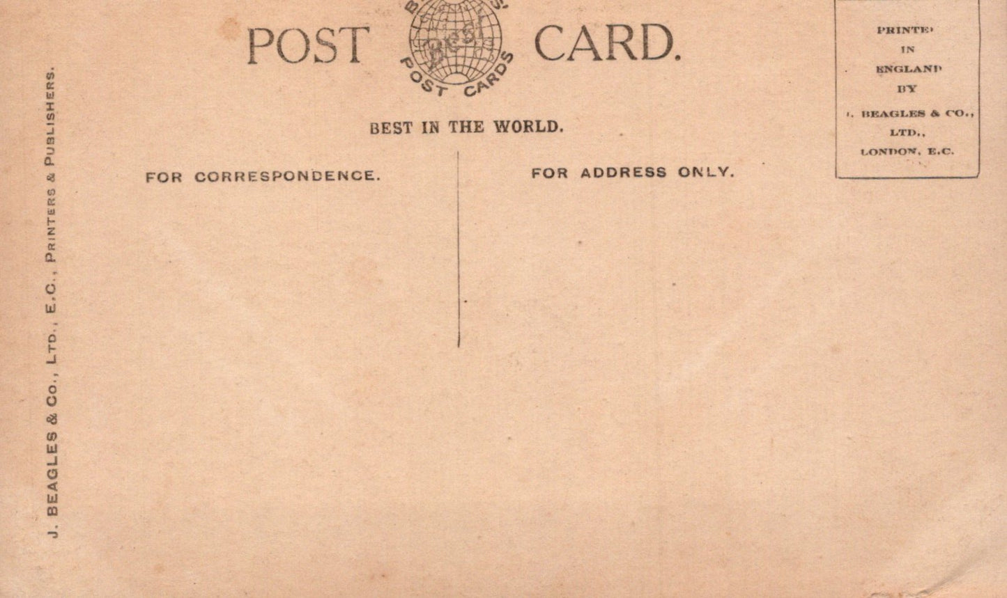Vintage postcard with text and a logo on a beige background