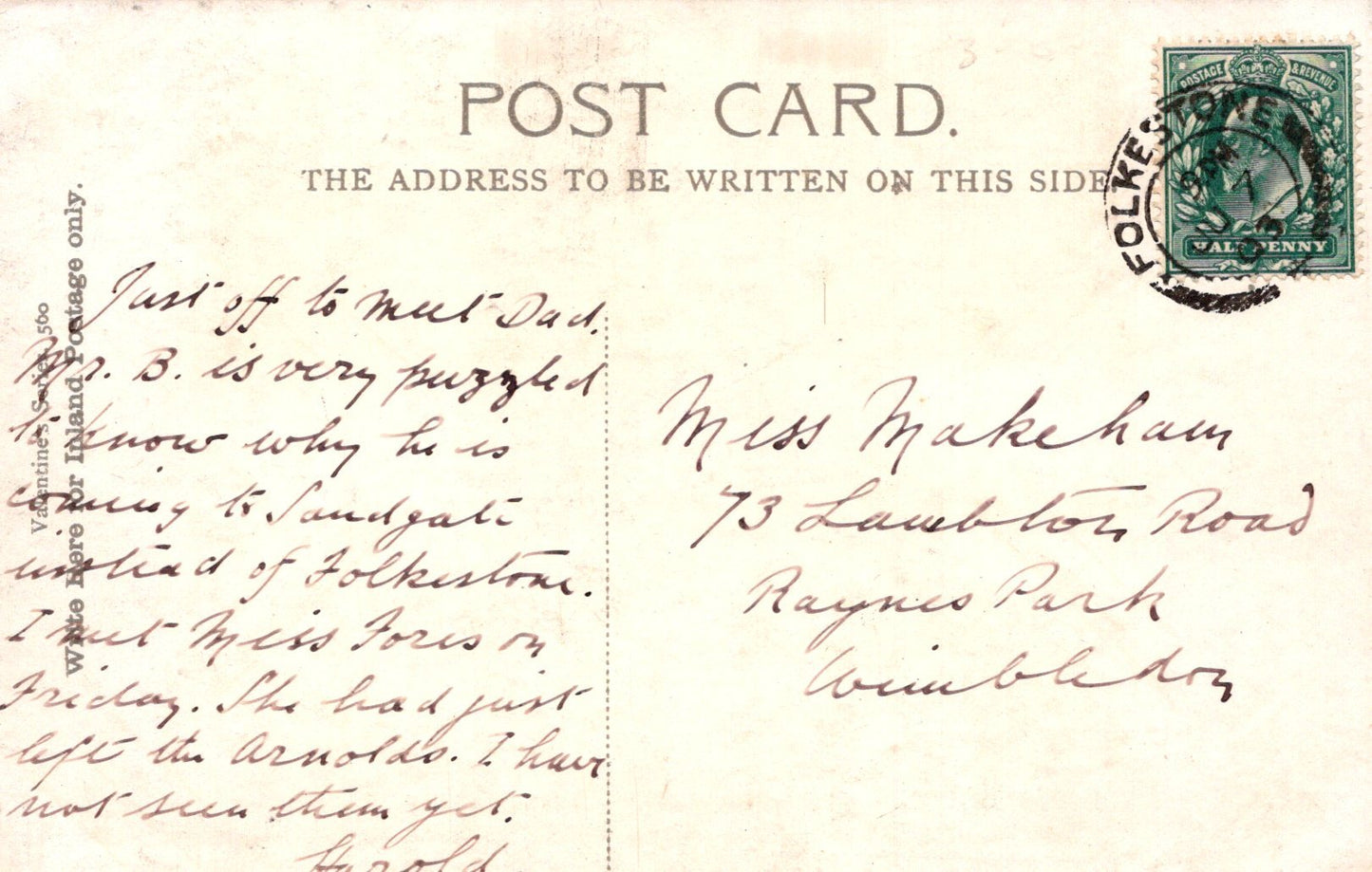 Vintage postcard with handwritten text and a stamp, featuring the address 'Miss Makeham'.