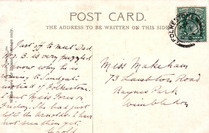 Vintage postcard with handwritten text and a stamp, featuring the address 'Miss Makeham'.