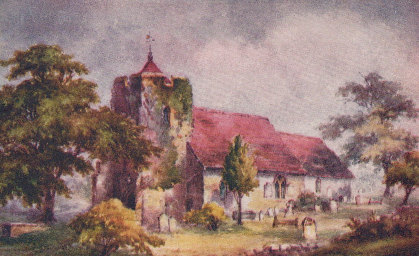 Painting of a church with trees and a cloudy sky