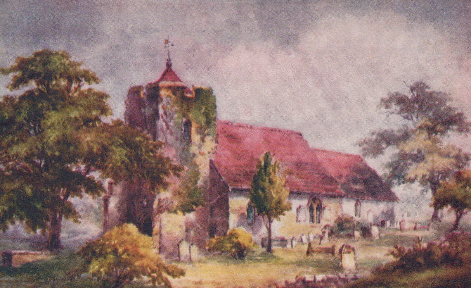 Painting of a church with trees and a cloudy sky