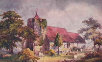 Painting of a church with trees and a cloudy sky