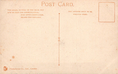 Vintage postcard with text and a line drawing on a beige background