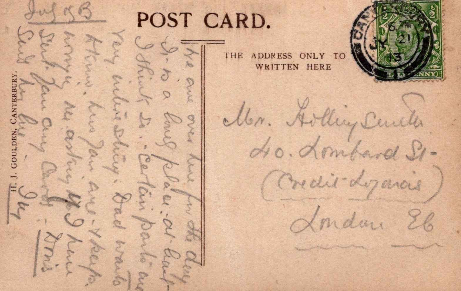 Vintage postcard with handwritten text and a stamp, featuring a brown background.