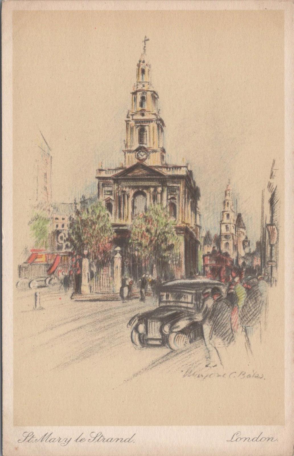 London Postcard: St Mary Le Strand, Artist Marjorie C. Bates  XT344