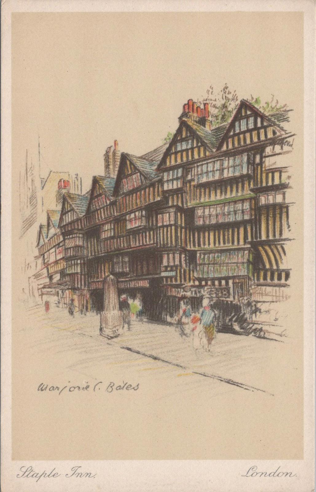 London Postcard: Staple Inn, High Holborn Street, Artist Marjorie C. Bates XT345