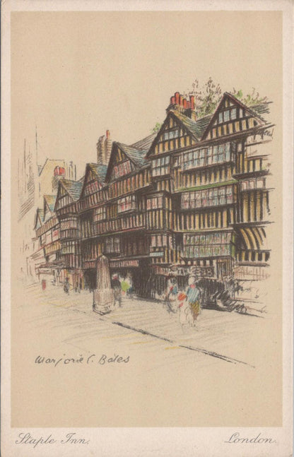 London Postcard: Staple Inn, High Holborn Street, Artist Marjorie C. Bates XT345