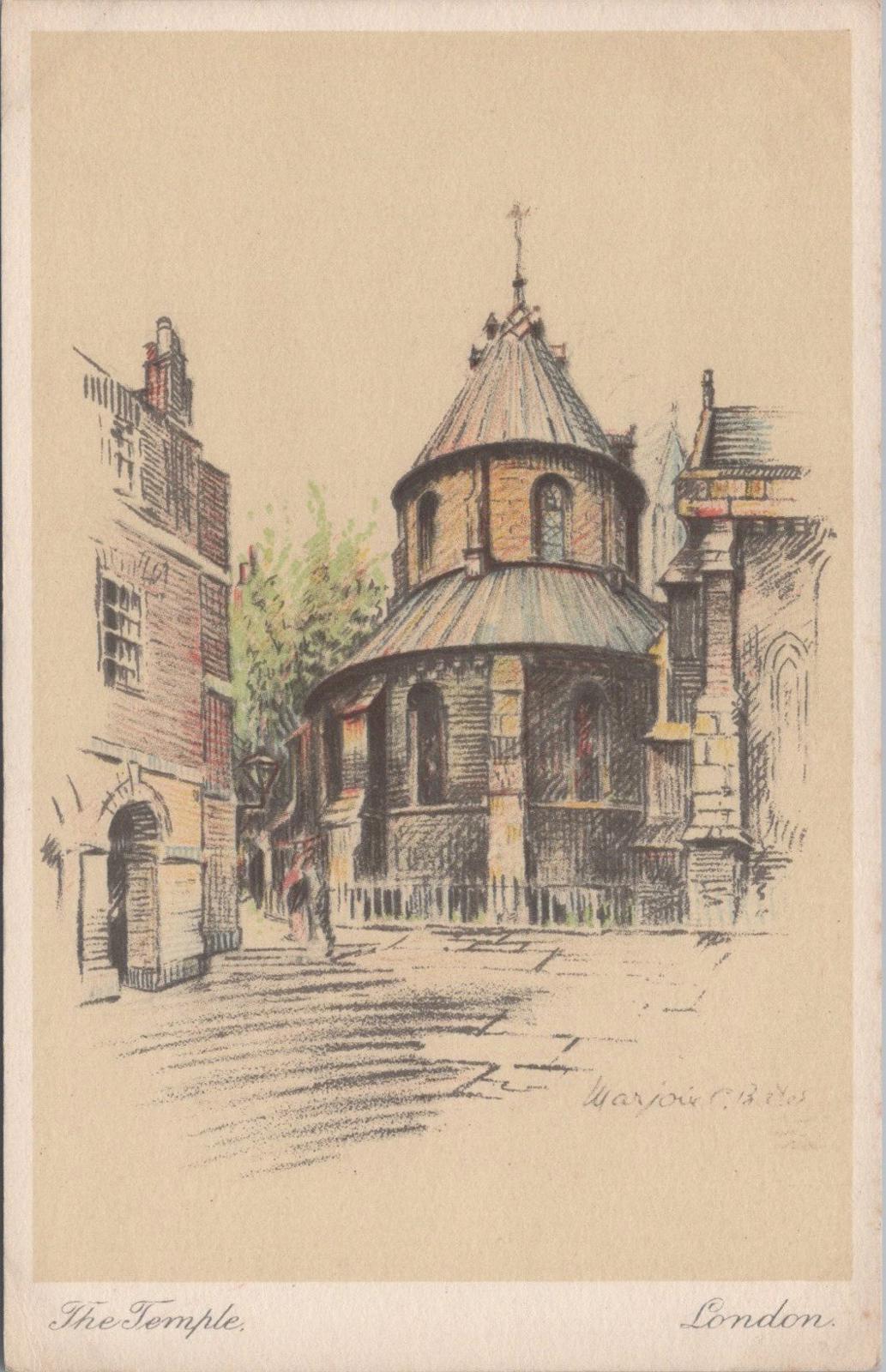 London Postcard: The Temple Church, Artist Marjorie.C.Bates   XT346