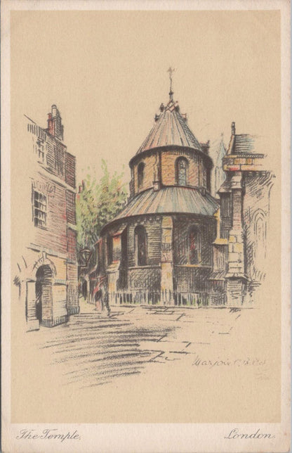 London Postcard: The Temple Church, Artist Marjorie.C.Bates   XT346