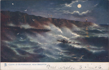 Sussex Postcard - Cliffs at Rottingdean, Near Brighton, Rough Seas Art XT944