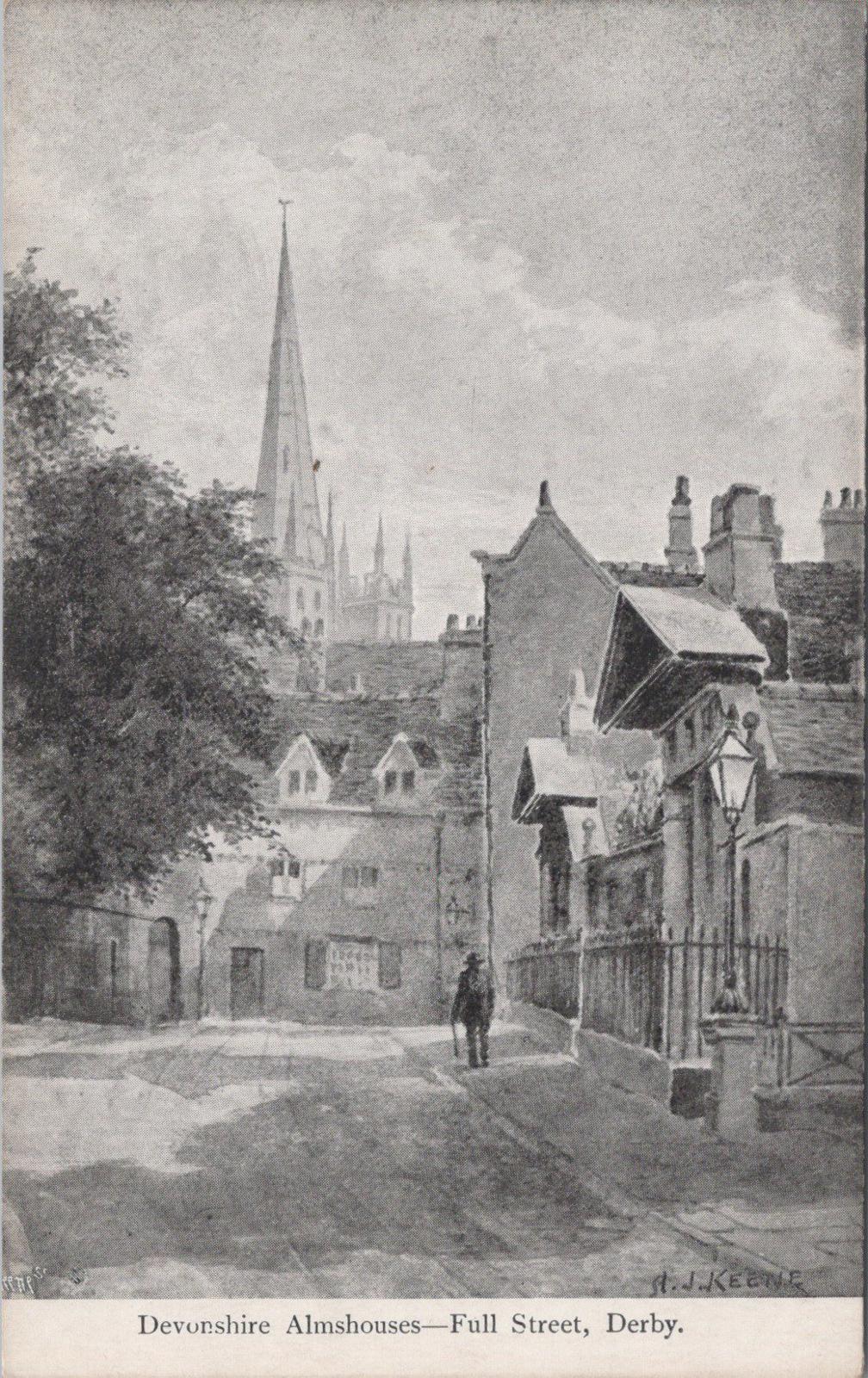 Derbyshire Postcard - Derby, Devonshire Almshouses on Full Street XT953