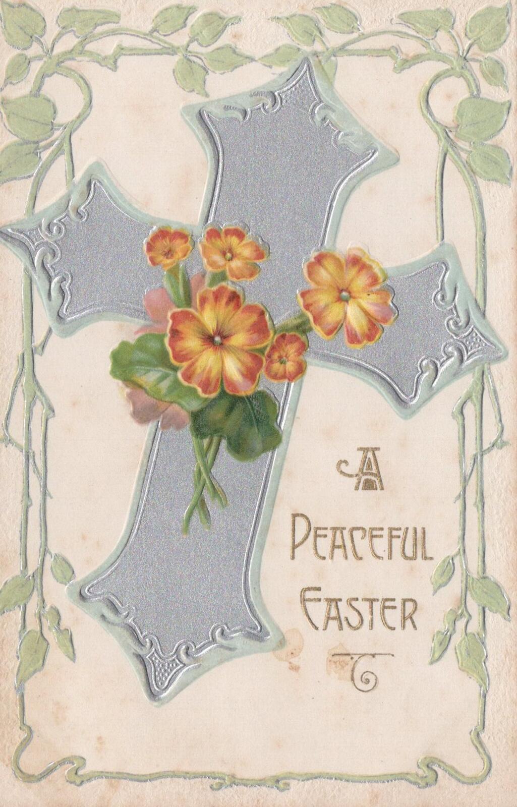 Easter Postcard: A Peaceful Easter Silver Embossed Cross Primrose Flowers XT2164