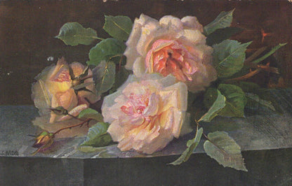 Floral Postcard: Still Life Three Pink and Yellow Roses on Stone Slab   XT2166