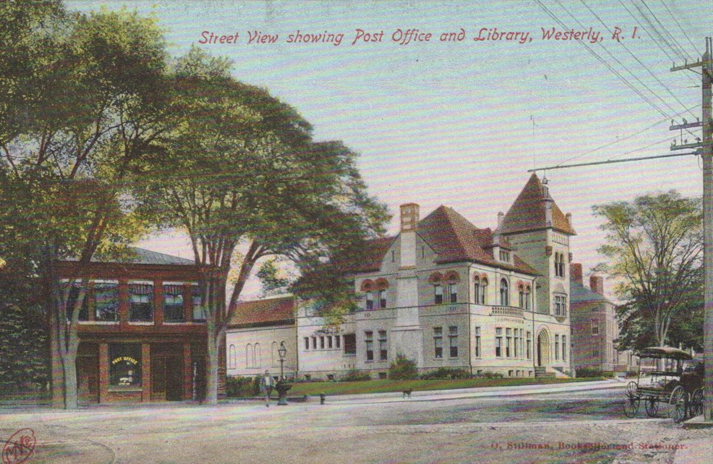 USA Postcard: Street View showing Post Office and Library Westerly, RI   XT2138