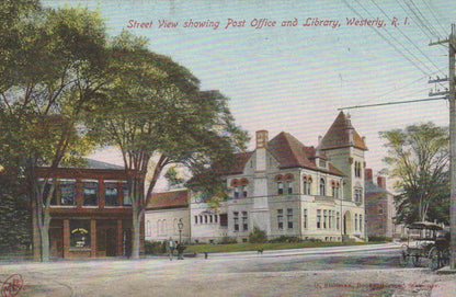 USA Postcard: Street View showing Post Office and Library Westerly, RI   XT2138