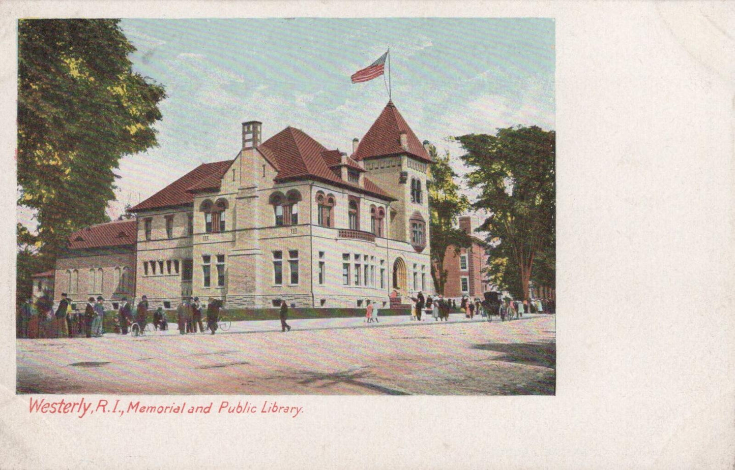 USA Postcard:Westerly RI Memorial and Public Library Crowded Street Scene XT2139